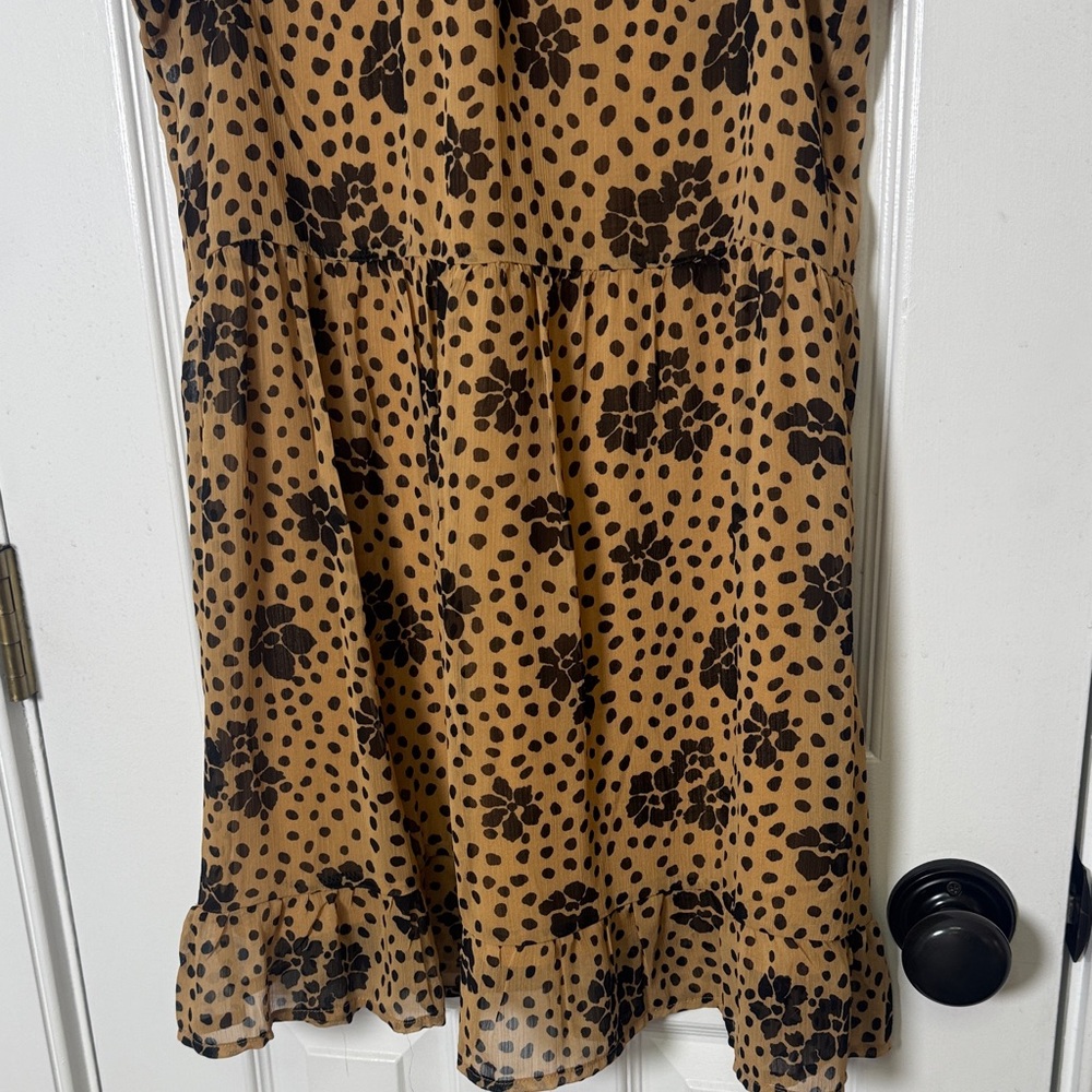 Forever 21 Tan Black Floral Polka Dot Dress Small Ruffle Sleeves Lined - Picture 6 of 10